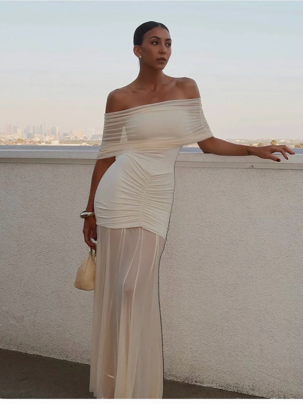 Meshki Cream Off-the-Shoulder Ruched Sheer Maxi Dress